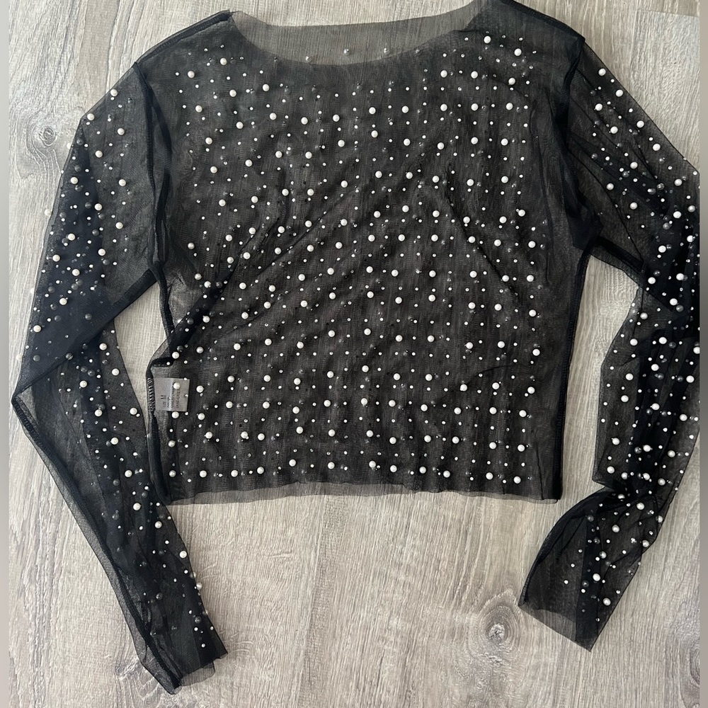 Cropped mesh top with pearls and rhinestones